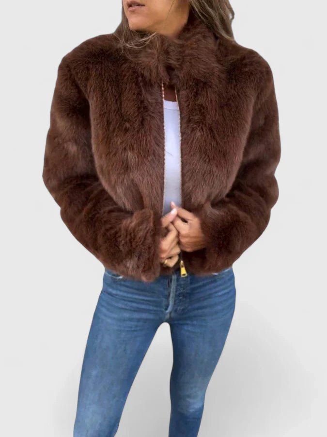 Women's Cropped Faux Fur Jacket - Brown