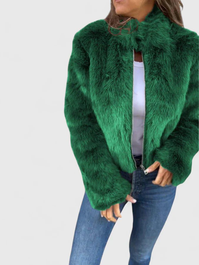 Women's Cropped Faux Fur Jacket - Green