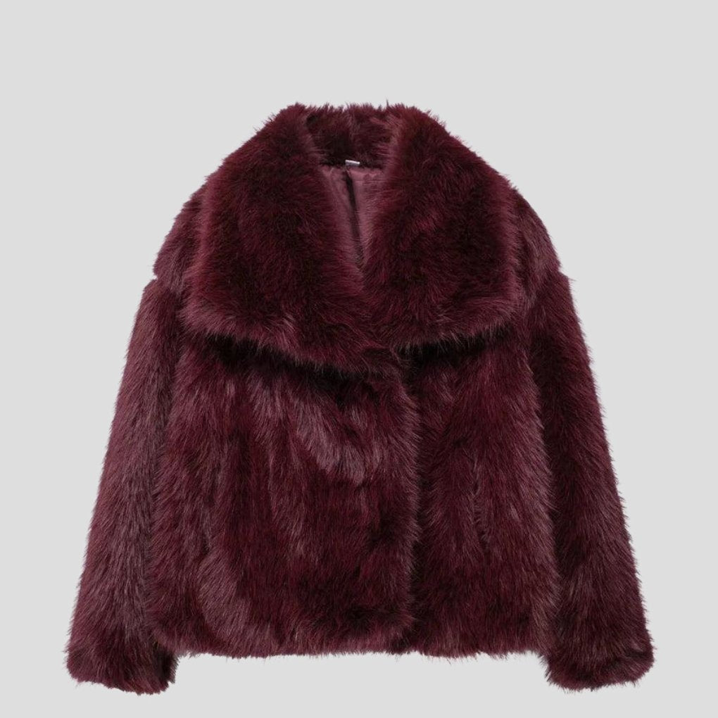 Women's Cropped Faux Fur Jacket - Red