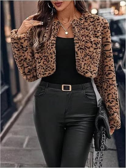Women's Cropped Faux Fur Puffer Jacket - Leopard Print