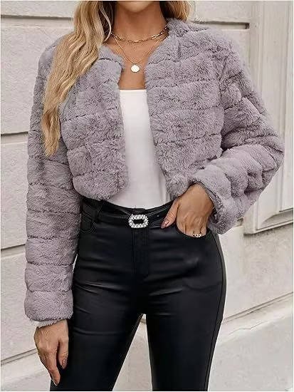 Women's Cropped Faux Fur Puffer Jacket - Gray