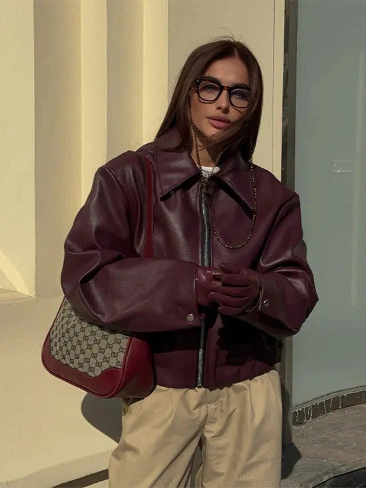 Women's Cropped Faux Leather Moto Jacket - L