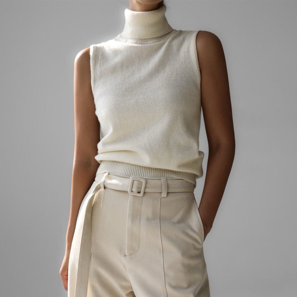 Women's Sleeveless Wool Roll Neck - White
