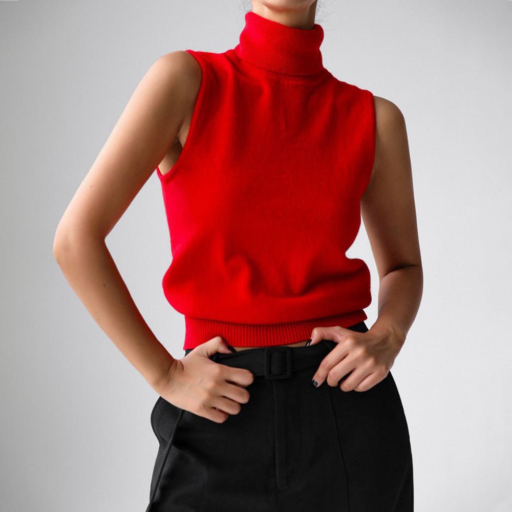 Women's Sleeveless Wool Roll Neck - Red