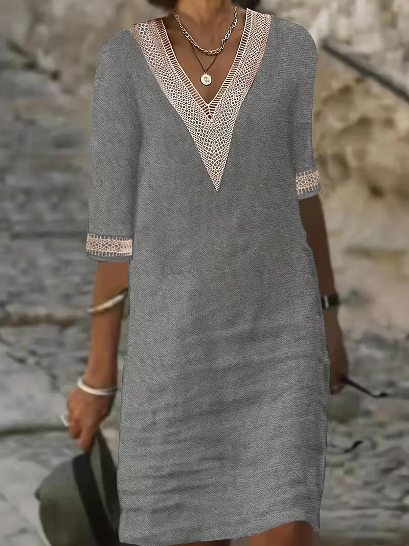 Women's Black Vacation V-Neck Lace Shift Dress - Grey