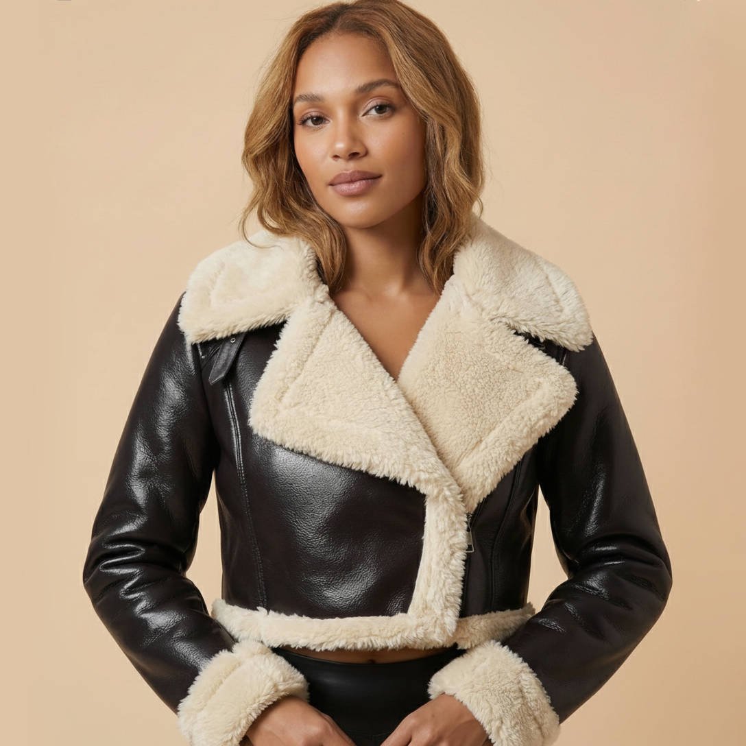 Women's Cropped Faux Leather Moto Shearling Jacket - Black