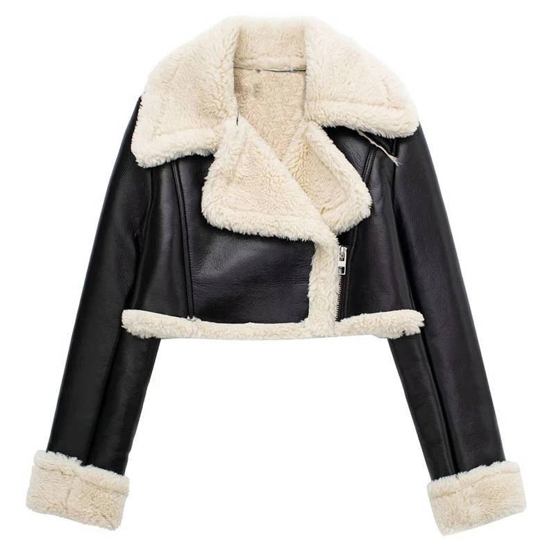 Women's Cropped Faux Leather Moto Shearling Jacket