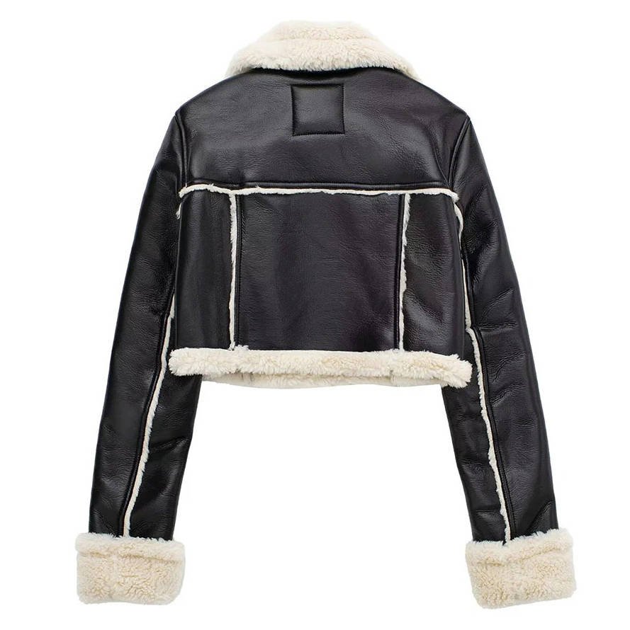 Women's Cropped Faux Leather Moto Shearling Jacket
