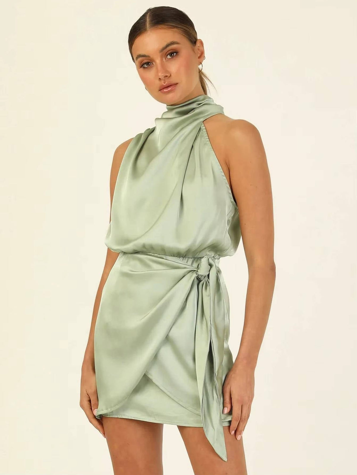 Women's Satin Halter Wrap Mini Party Dress - Light Green