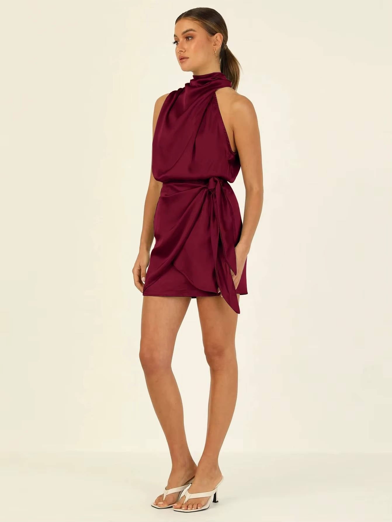 Women's Satin Halter Wrap Mini Party Dress