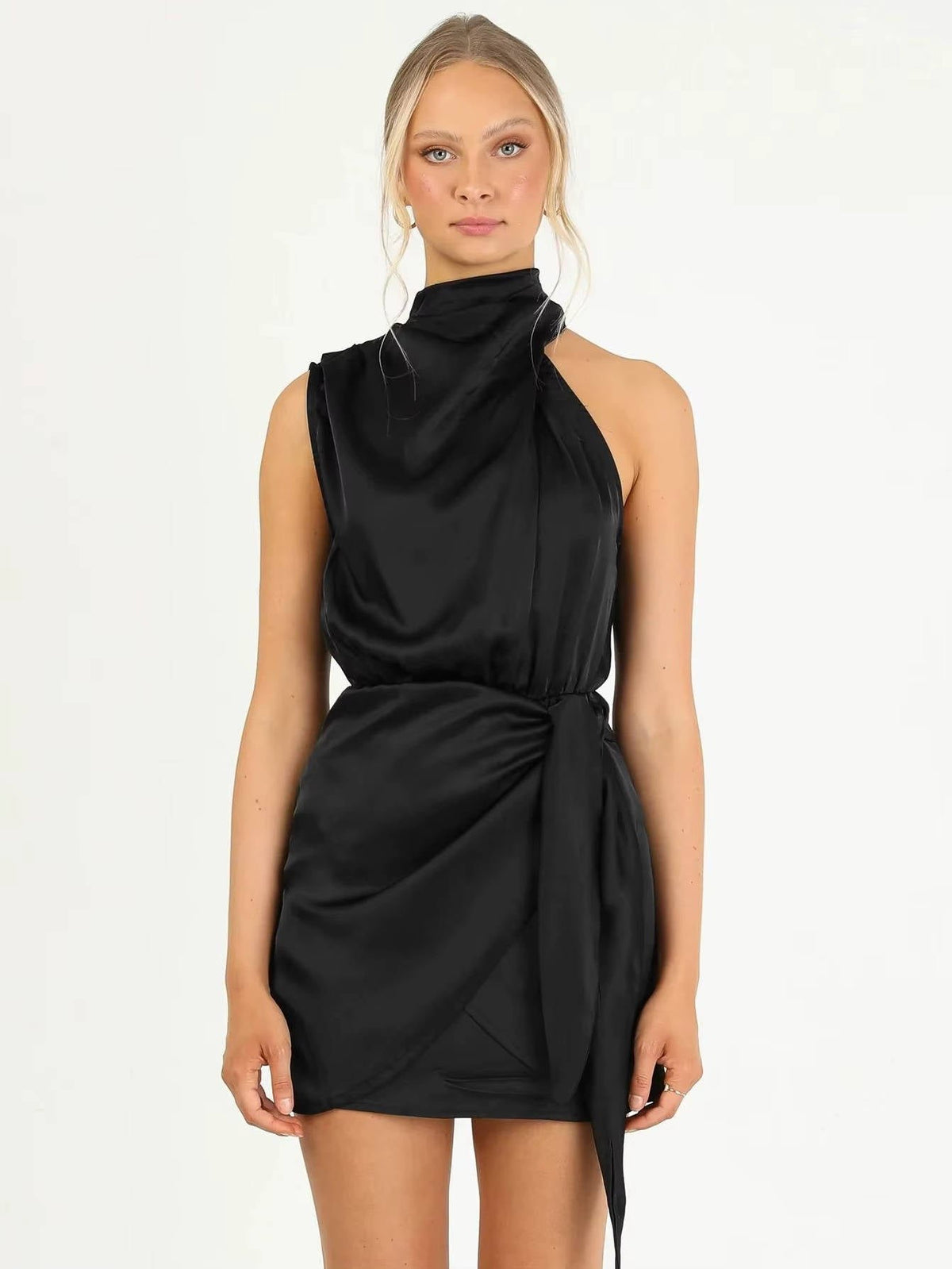Women's Satin Halter Wrap Mini Party Dress - Black