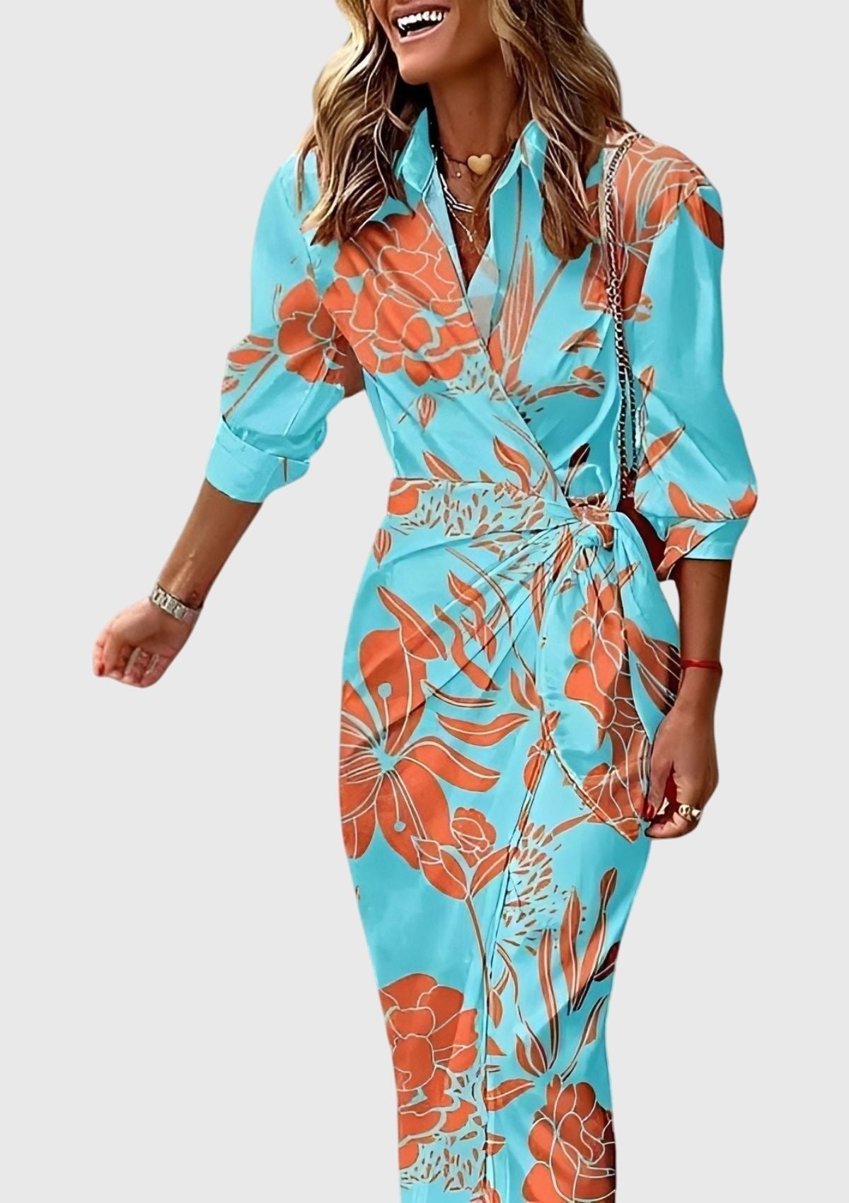 Women's Satin Wrap Midi Party Dress - Turquoise