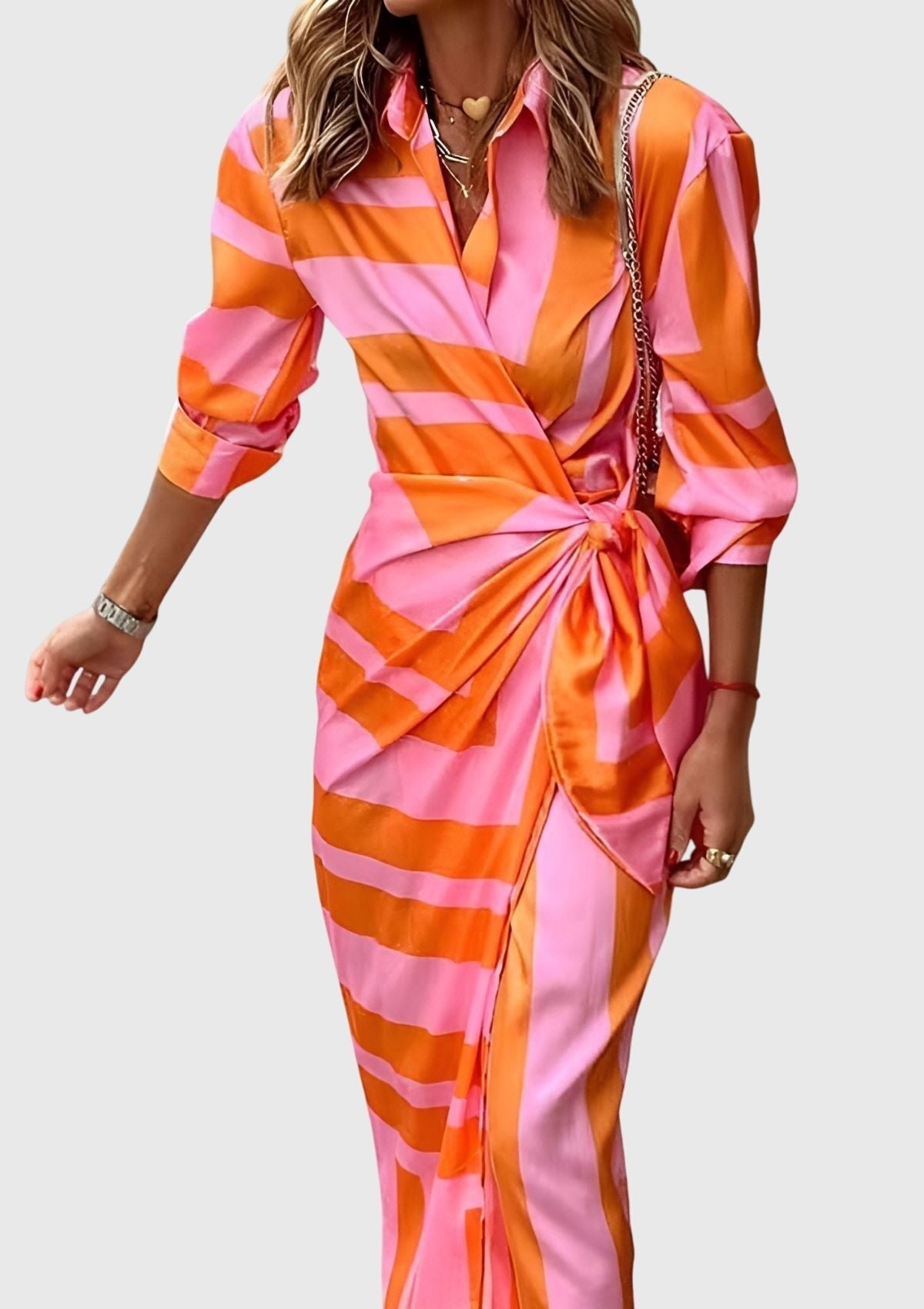 Women's Satin Wrap Midi Party Dress - Orange