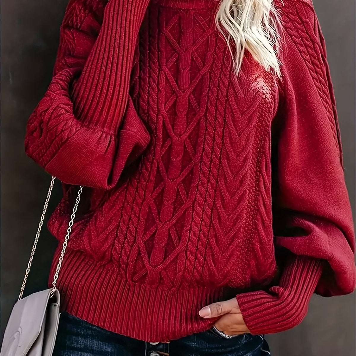 Women's Chunky Funnel Neck Cable Knit Jumper - Red