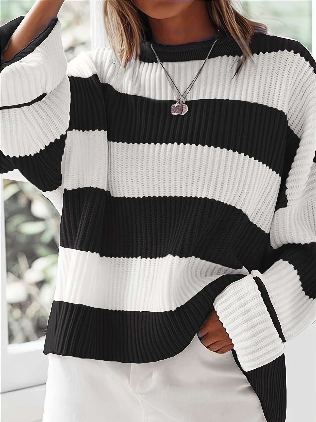 Women's Chunky Oversized Striped Knit Ribbed Jumper