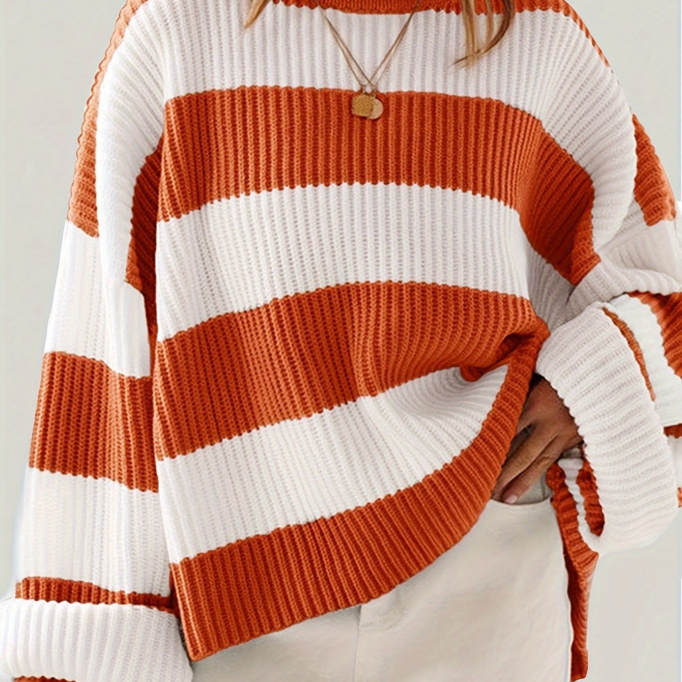 Women's Chunky Oversized Striped Knit Ribbed Jumper - Orange Red