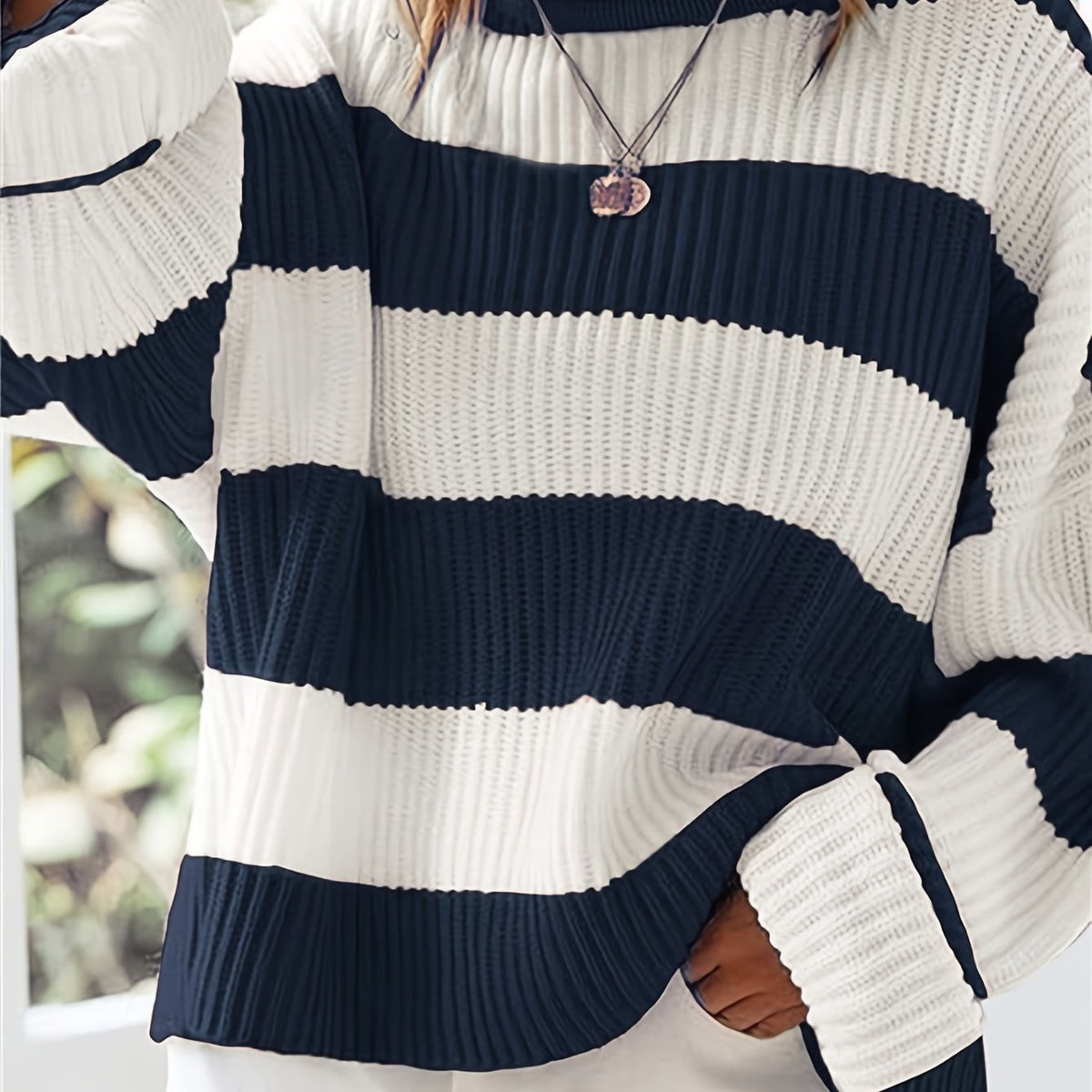 Women's Chunky Oversized Striped Knit Ribbed Jumper - Navy