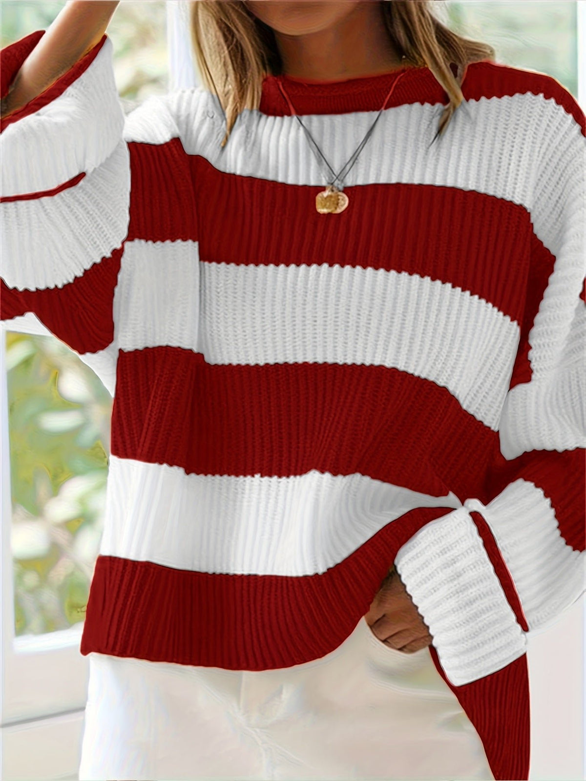 Women's Chunky Oversized Striped Knit Ribbed Jumper