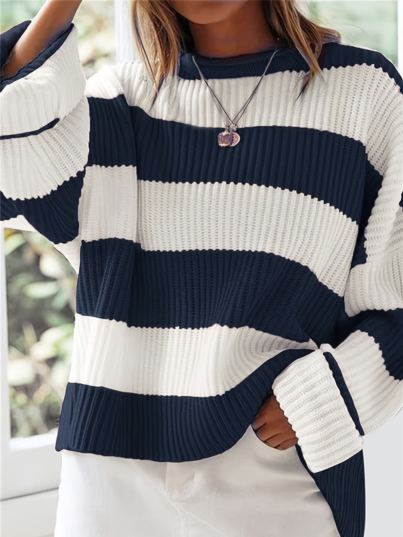 Women's Chunky Oversized Striped Knit Ribbed Jumper