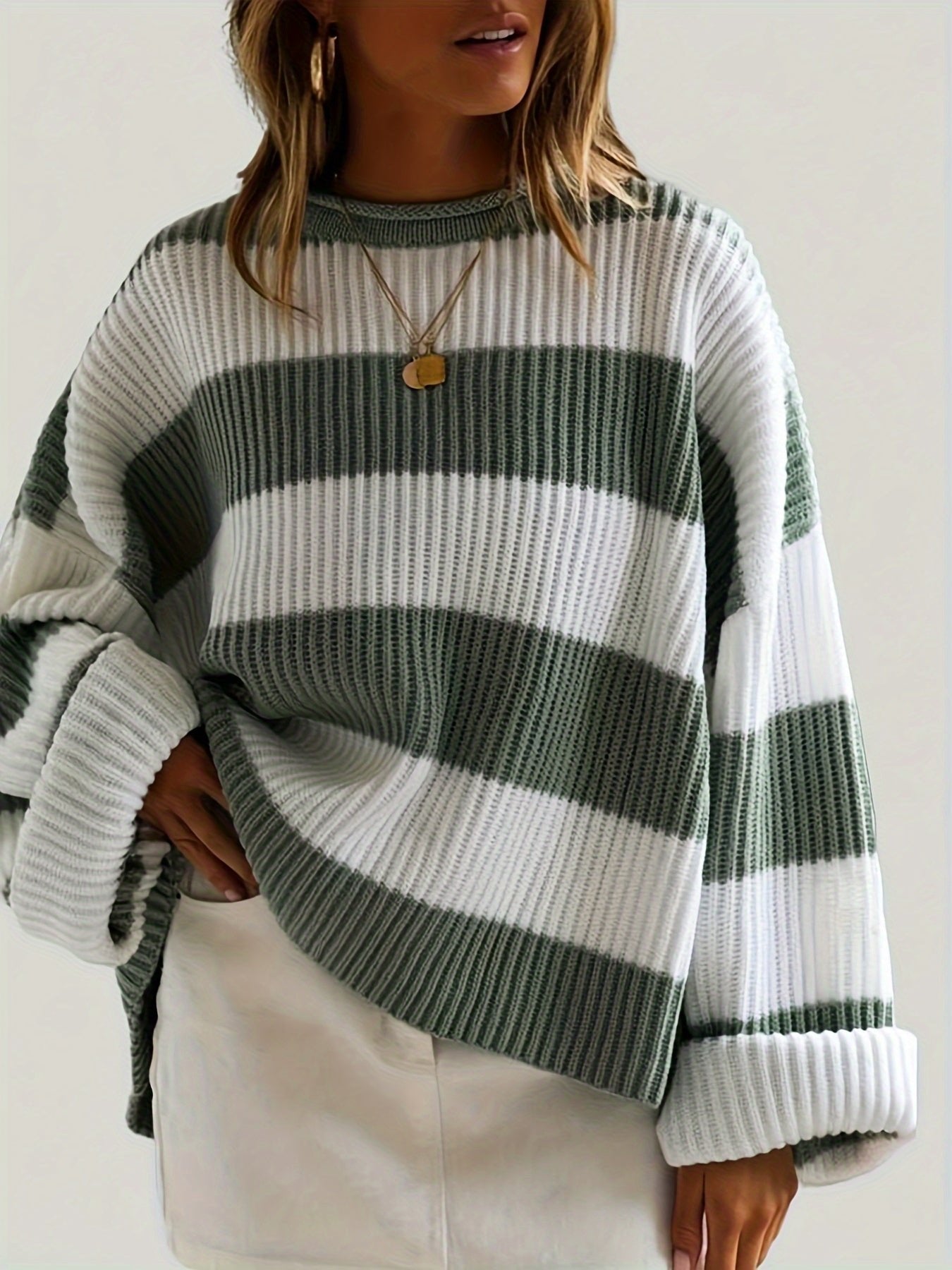 Women's Chunky Oversized Striped Knit Ribbed Jumper