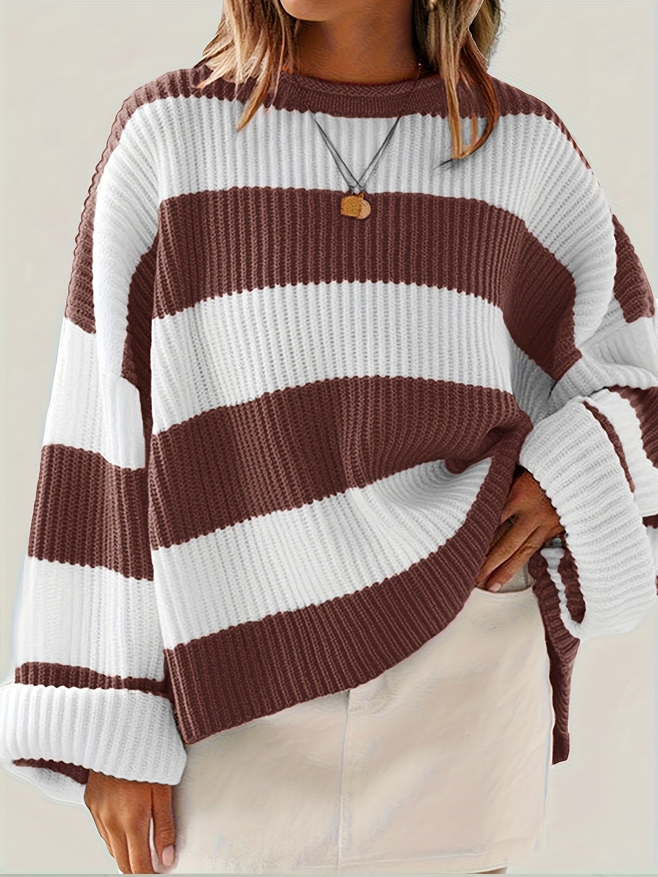 Women's Chunky Oversized Striped Knit Ribbed Jumper