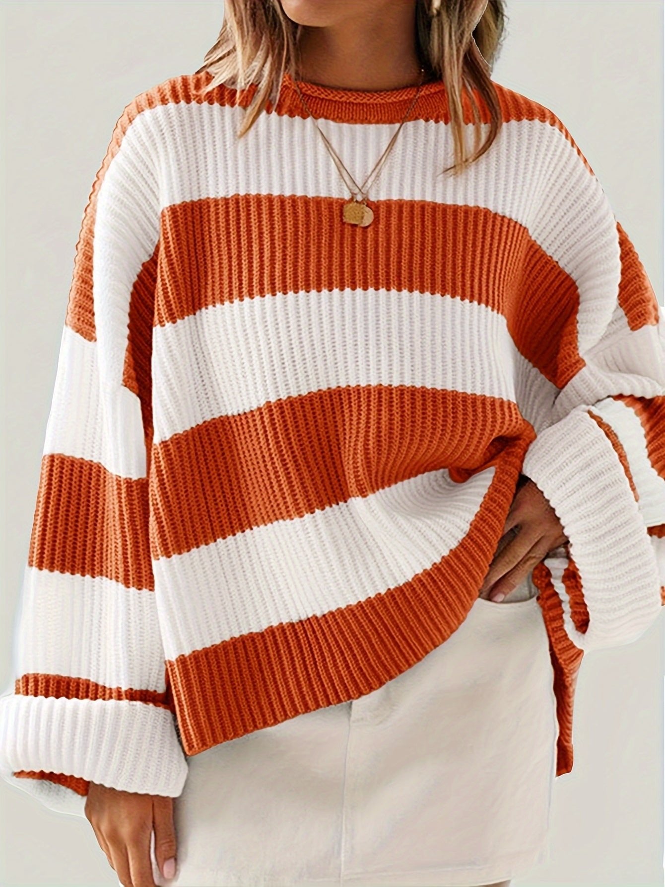 Women's Chunky Oversized Striped Knit Ribbed Jumper