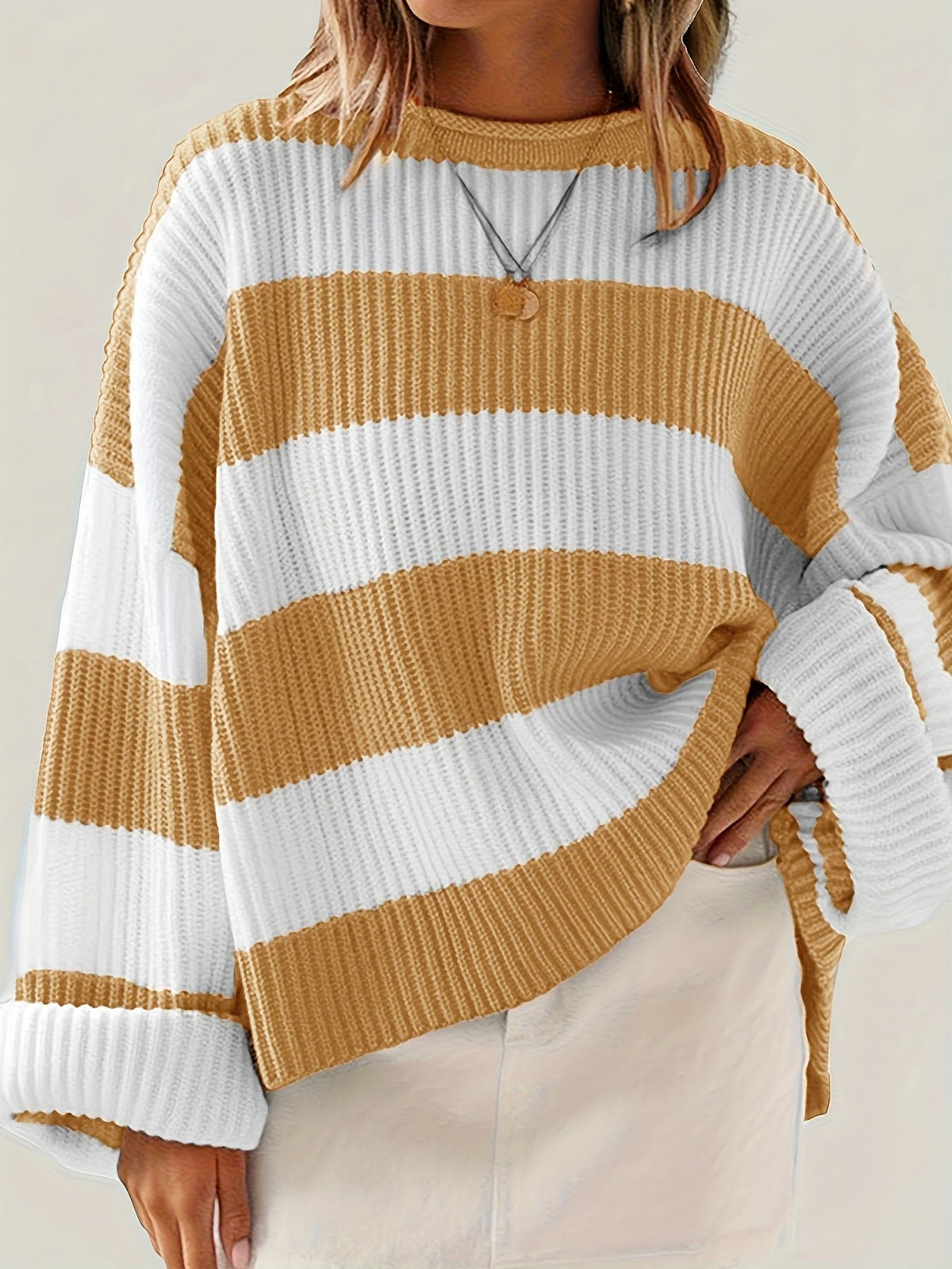 Women's Chunky Oversized Striped Knit Ribbed Jumper