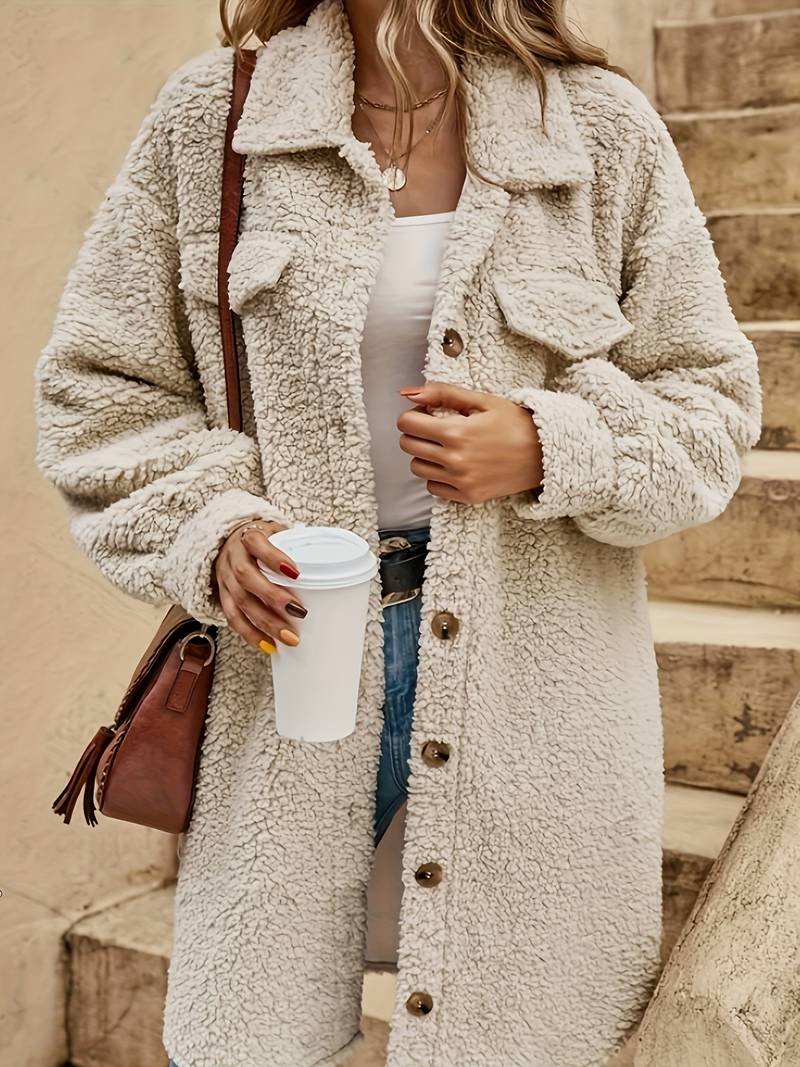 Women's Oversized Sherpa Longline Teddy Coat - Beige