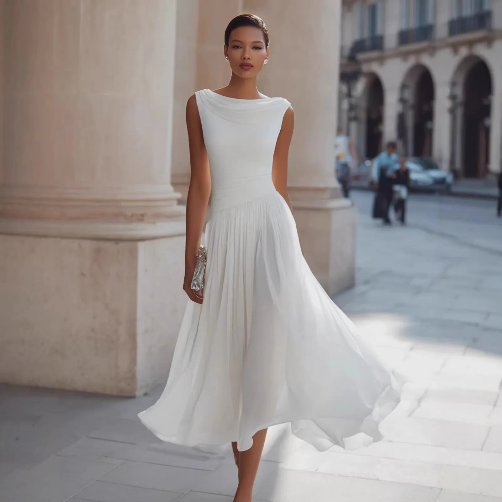 Women's Black Cocktail Chiffon Midi Party Dress