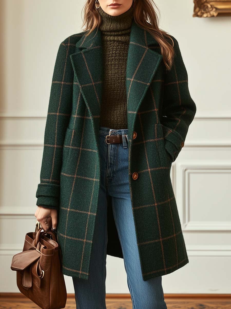 Women's Oversized Plaid Longline Wool Coat - Dark Green