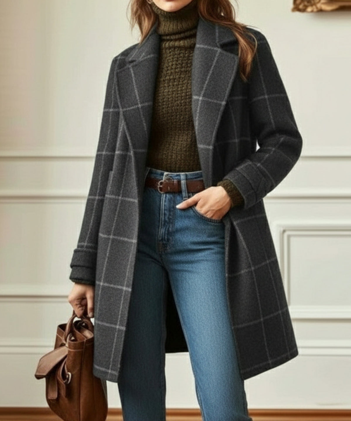 Women's Oversized Plaid Longline Wool Coat - Grey