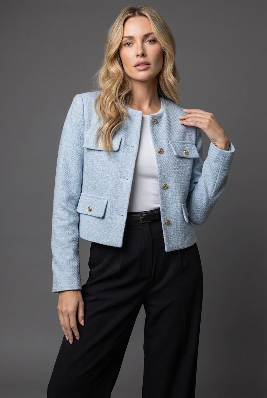 Women's Cropped Tweed Jacket - Light Blue