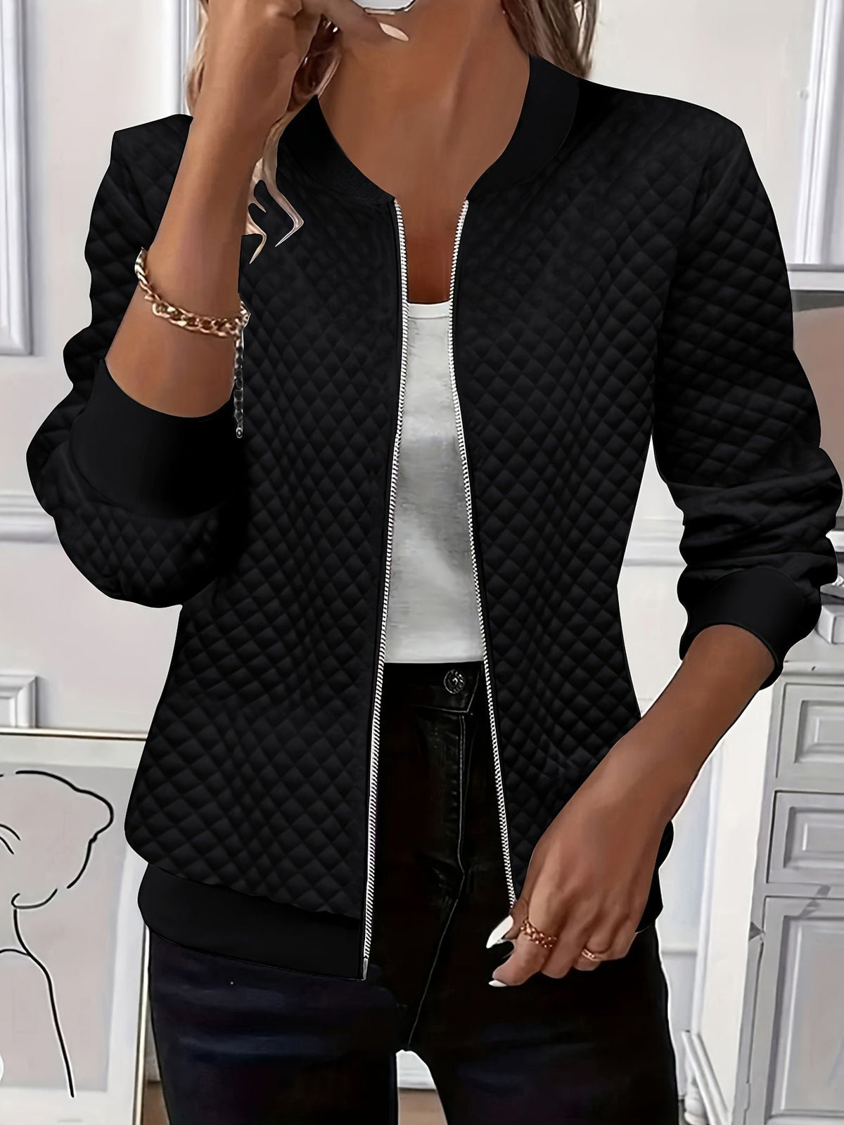 Women's Quilted Bomber Jacket - Black