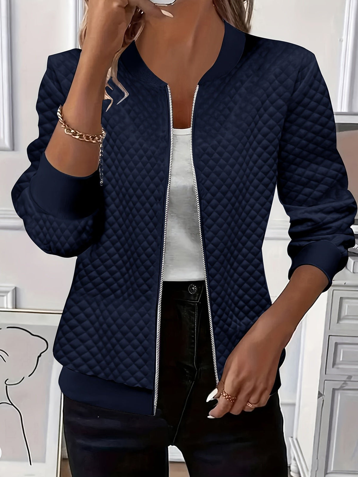 Women's Quilted Bomber Jacket - Navy