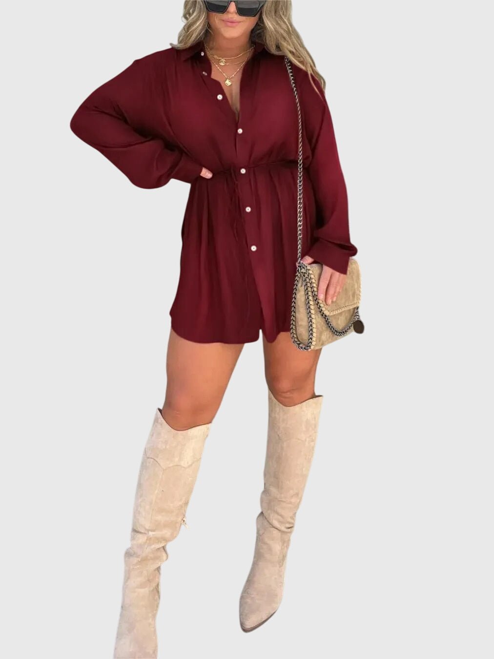 Women's Black Oversized Satin Long Sleeve Shirt Dress - Wine Red