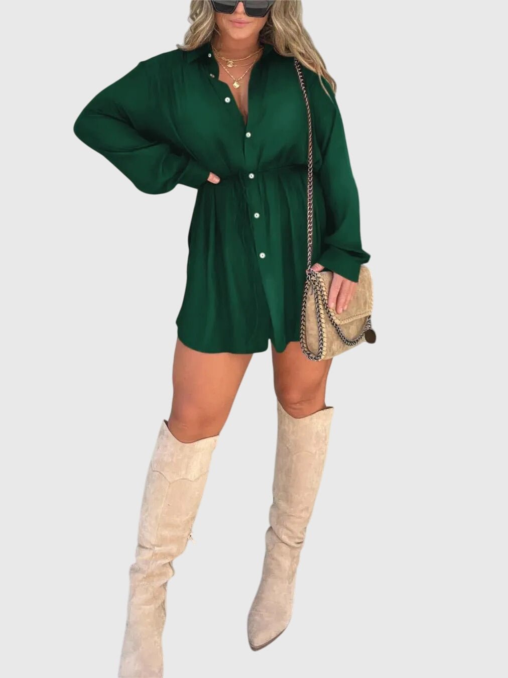Women's Black Oversized Satin Long Sleeve Shirt Dress - Green