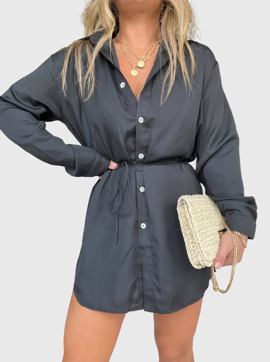 Women's Black Oversized Satin Long Sleeve Shirt Dress - Gray