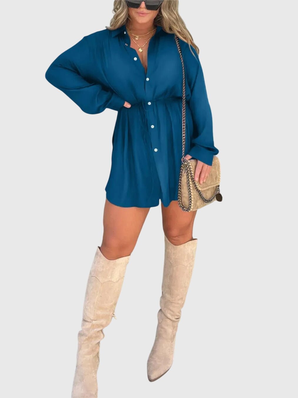 Women's Black Oversized Satin Long Sleeve Shirt Dress - Blue