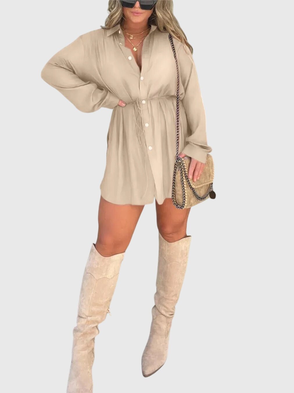 Women's Black Oversized Satin Long Sleeve Shirt Dress - Apricot