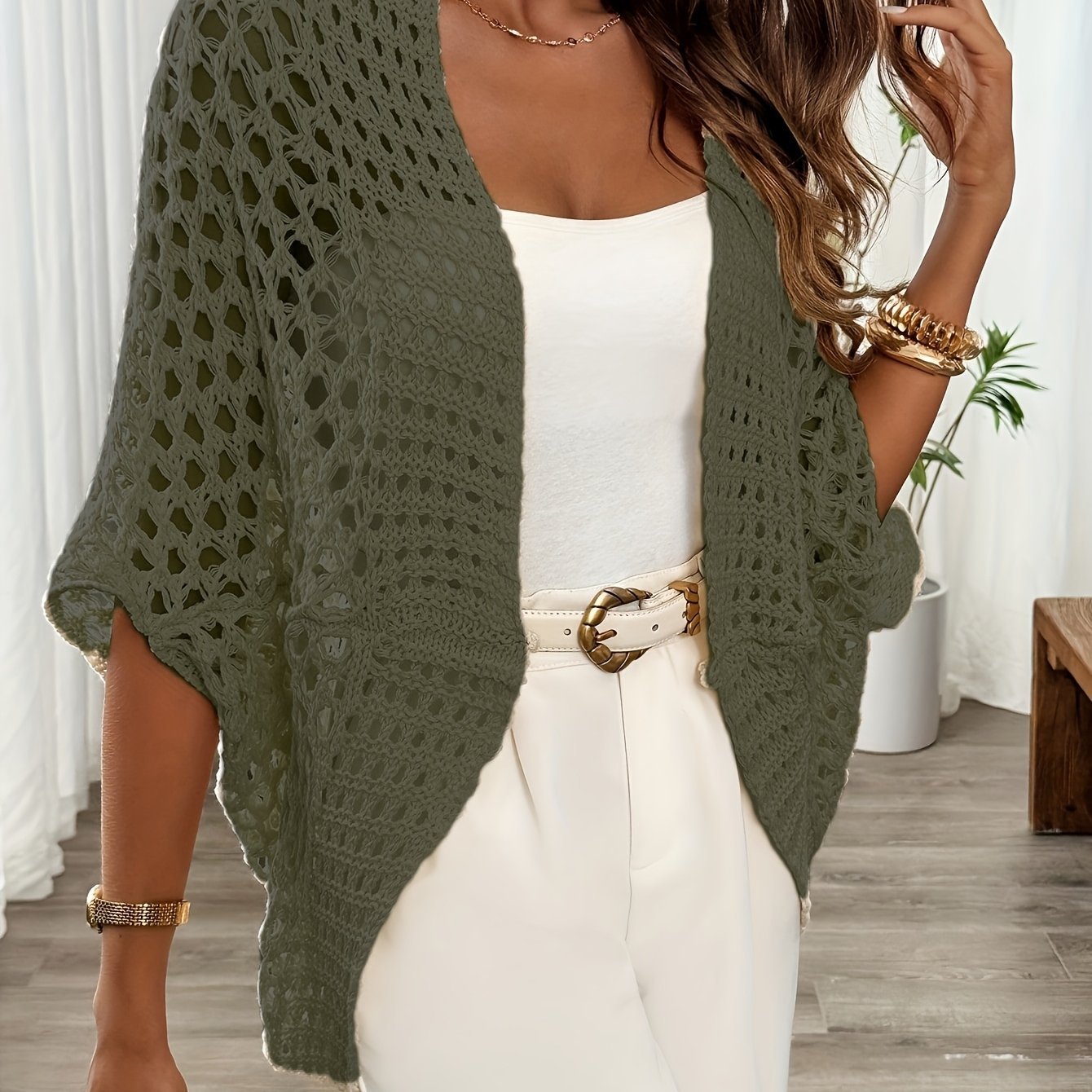 Women's Oversized Crochet Cardigan - Avocado Green