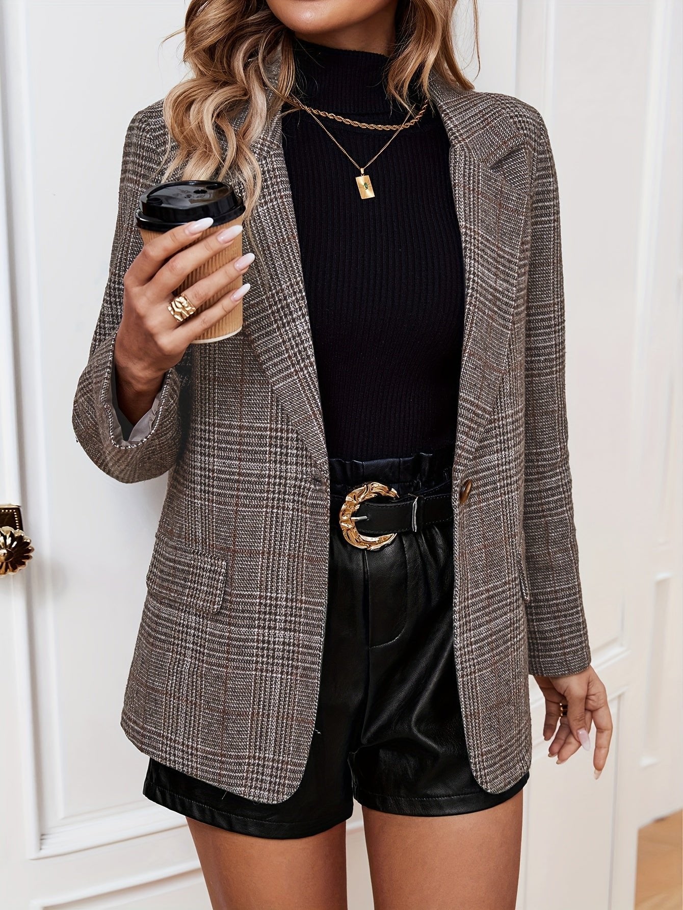 Women's Longline Plaid Tweed Blazer - Coffee