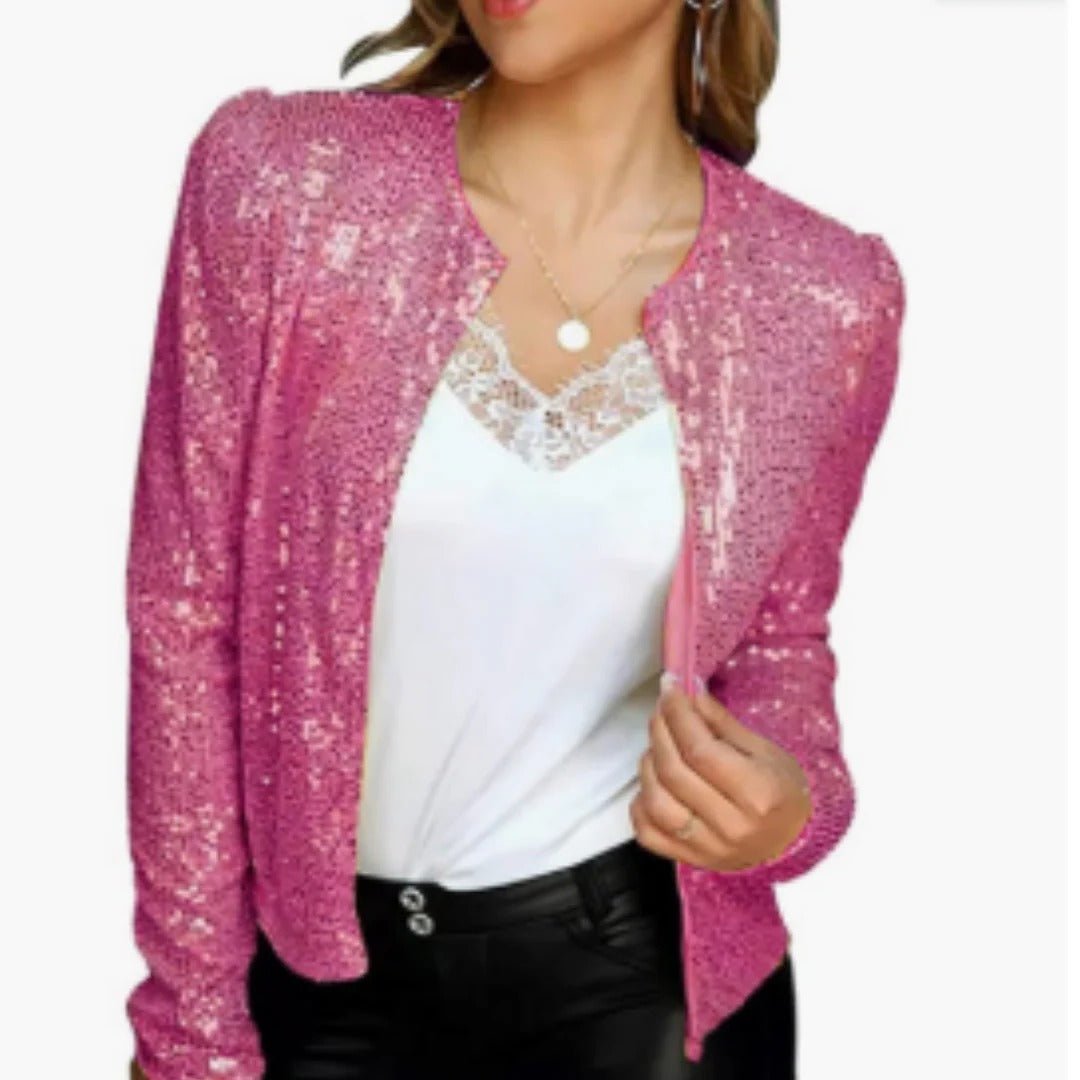 Women's Sequin Cropped Jacket - Pink