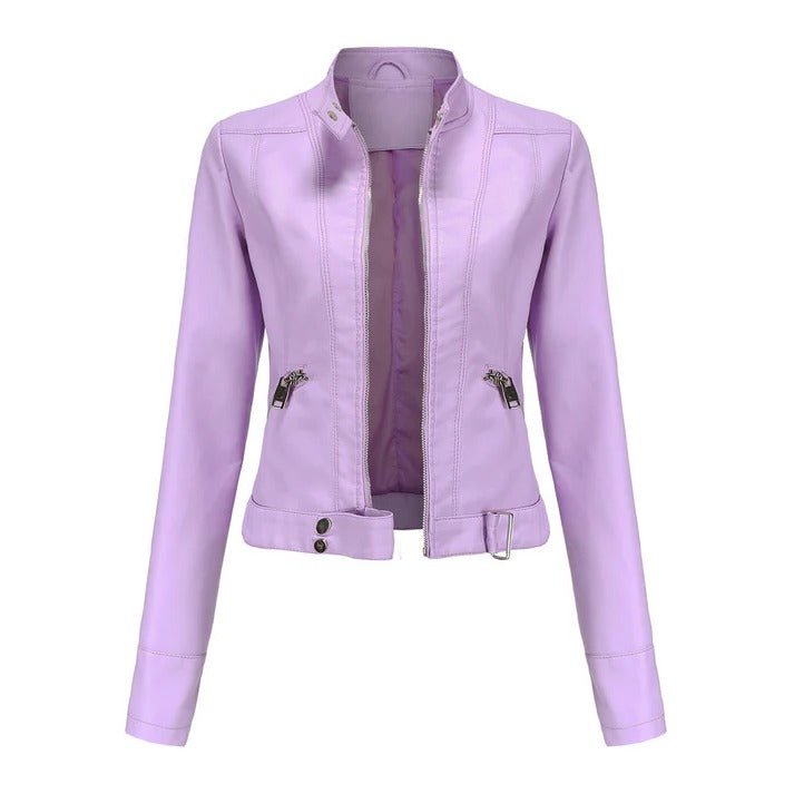 Women's Cropped Faux Leather Moto Jacket - Violet