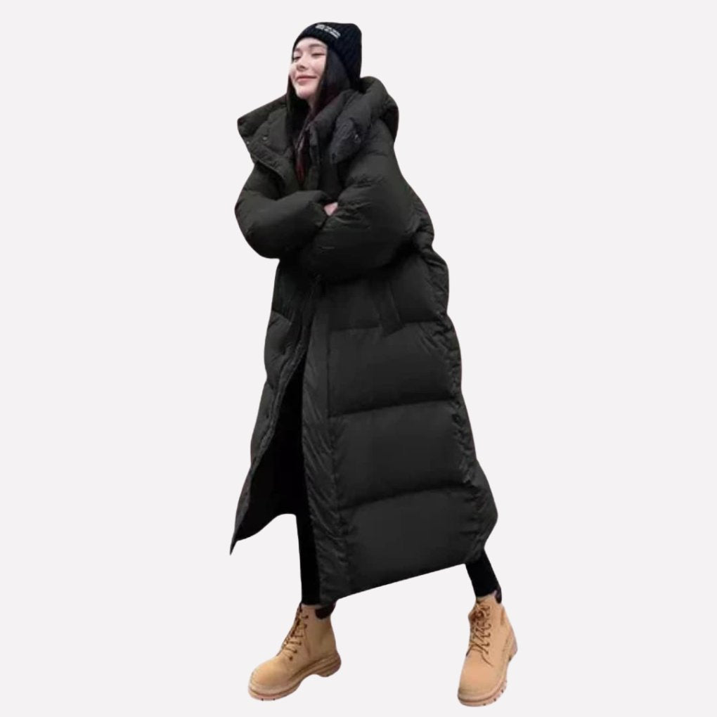 Women's Oversized Long Hooded Longline Puffer Coat - Black