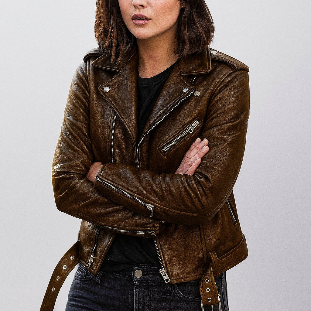 Women's Slim Cropped Leather Biker Jacket - Brown