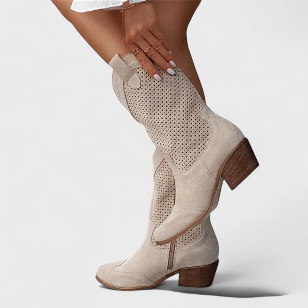 Women's Suede Western Cowboy Boots - Beige