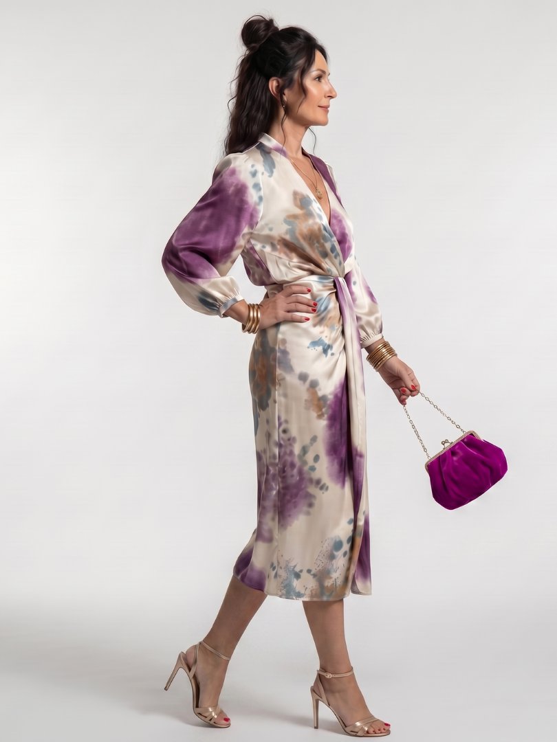 Women's Tie-Dye Satin Midi Party Wrap Dress