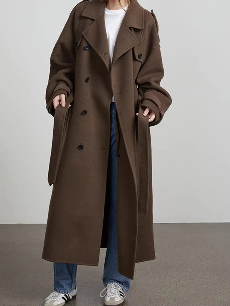 Women's Oversized Belted Wool Trench Coat - Camel