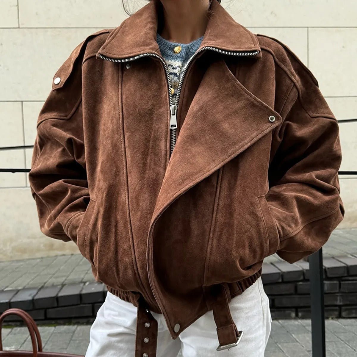 Women's Oversized Suede Bomber Jacket - Brown