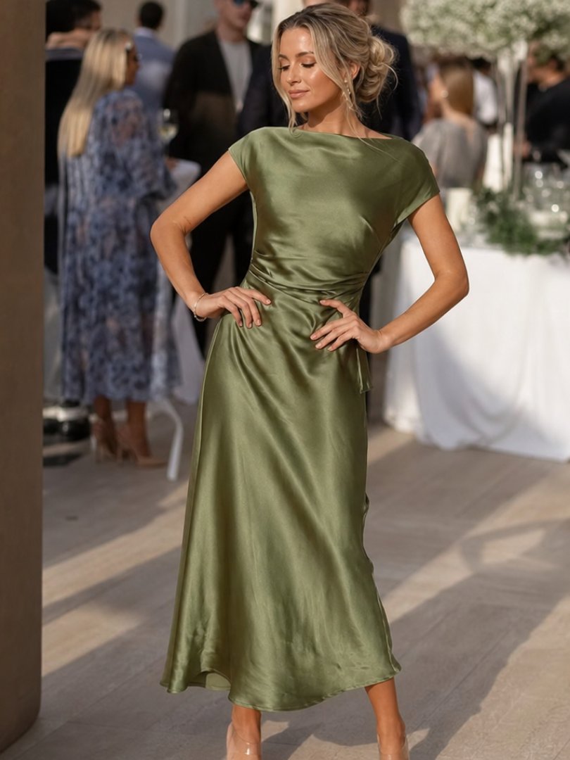 Women's Cap-Sleeve Satin Midi Party Dress - Green